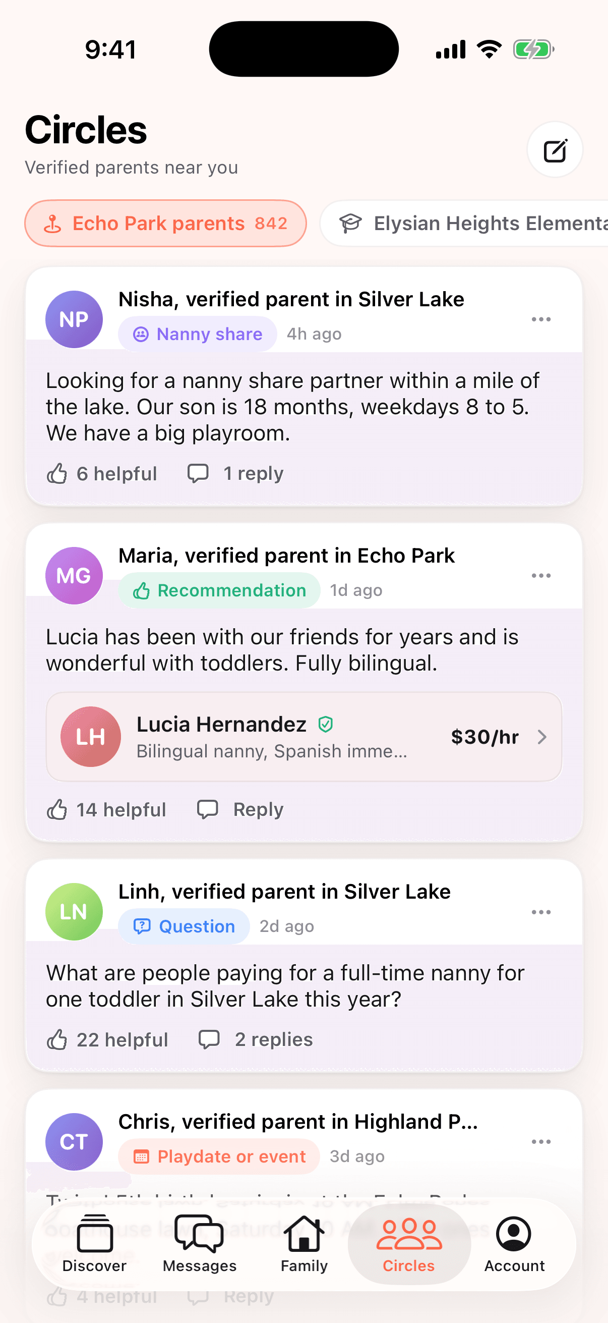 Circles: Echo Park parents. Posts from verified parents looking for a nanny share partner and recommending Lucia Hernandez, a bilingual nanny.