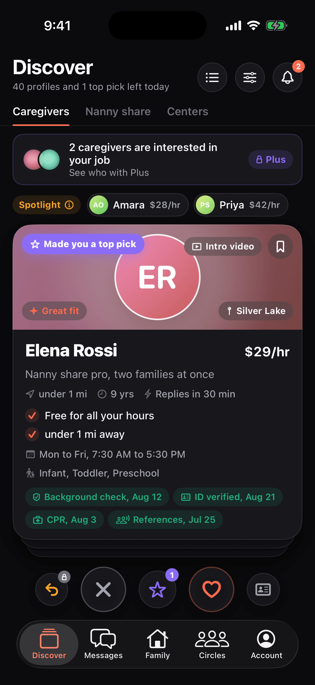 Discover tab: Elena Rossi, a nanny share pro, with a Great fit band and dated badges.