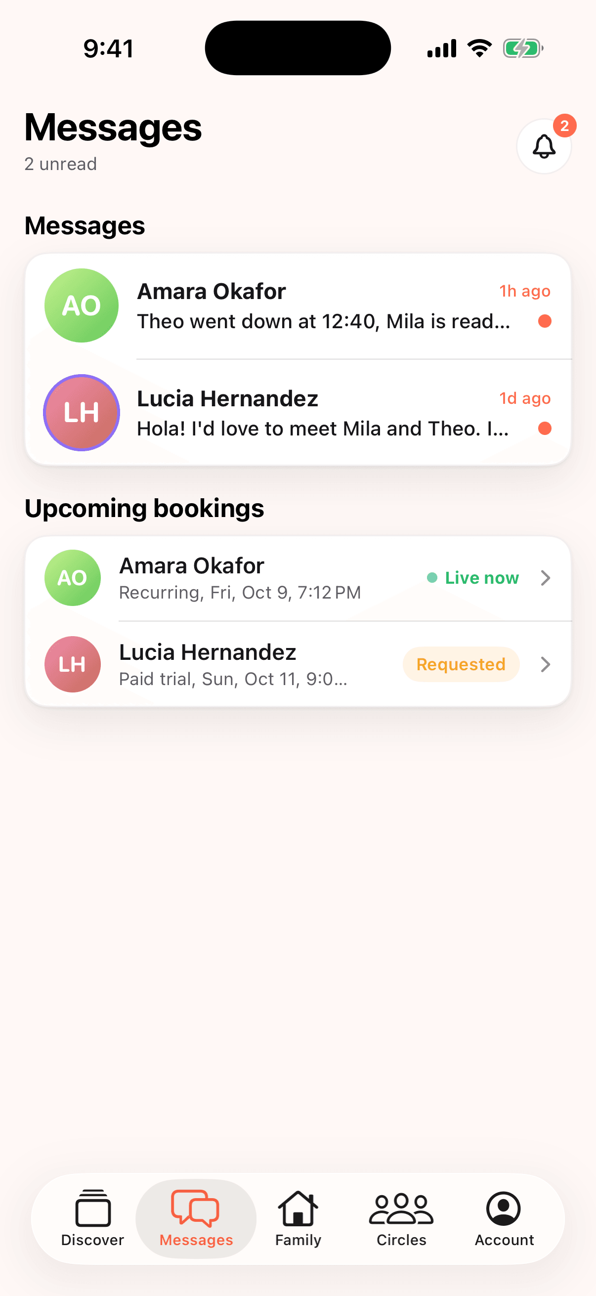 Messages: chats with Amara Okafor and Lucia Hernandez, and upcoming bookings including a live recurring shift and a requested paid trial.