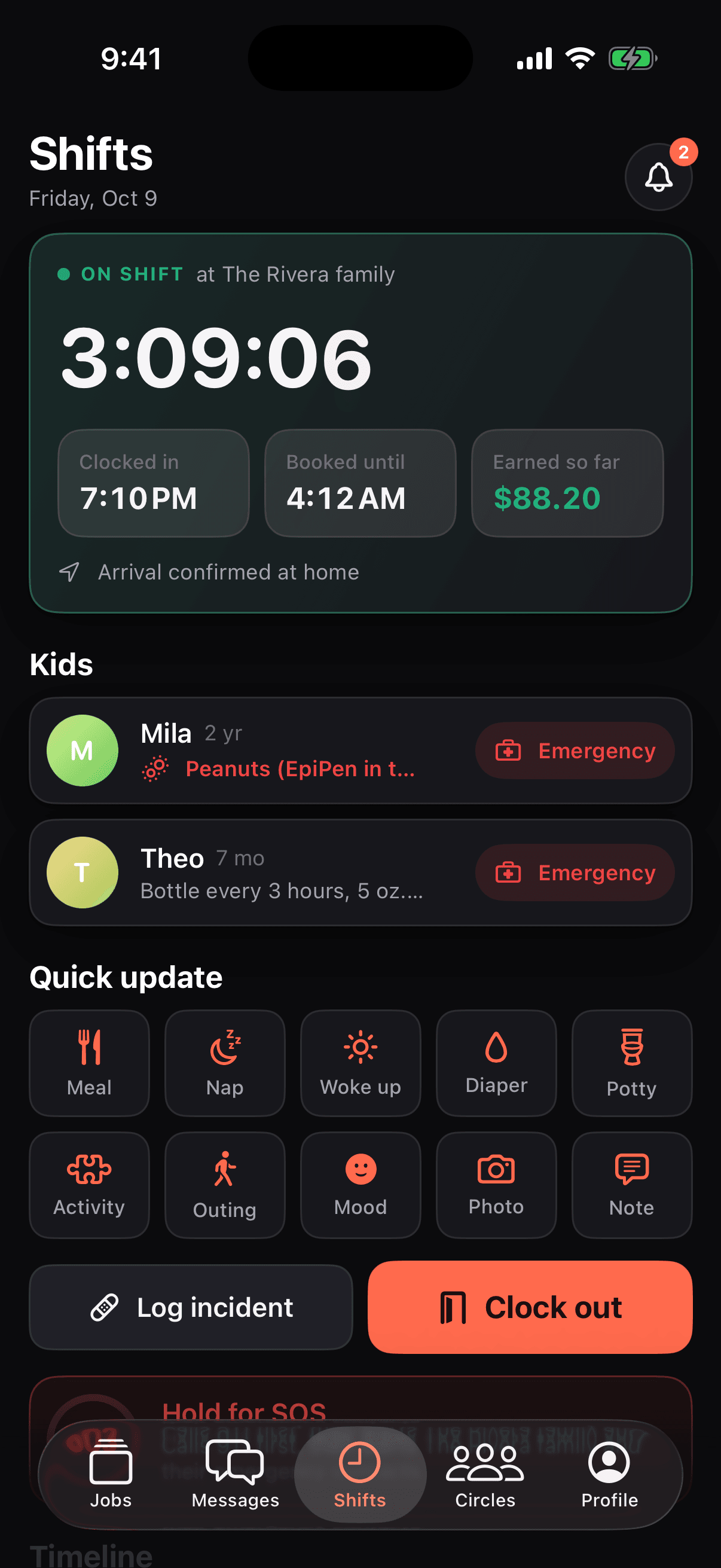 Caregiver Shifts tab: on shift at the Rivera family, 3:09:06 elapsed, arrival confirmed at home.