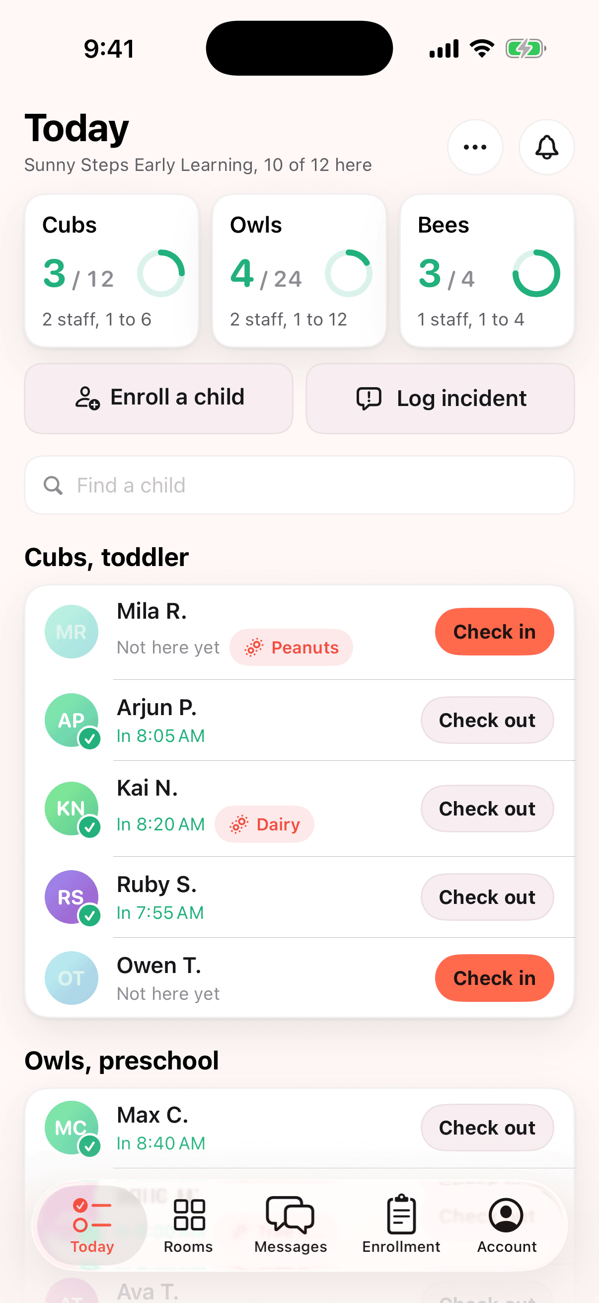 Daycare Today screen: Cubs 3 of 12, Owls 4 of 24, Bees 3 of 4, with a check-in roster and peanut and dairy allergy flags.